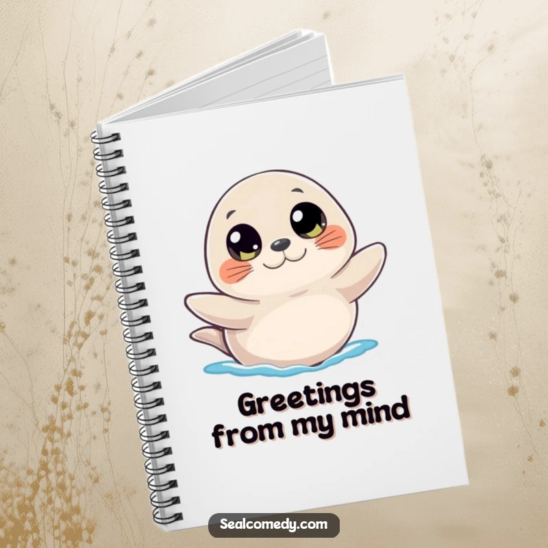 Funny notebook cover featuring a seal with wide, curious eyes, offering a friendly wave, ideal for note-taking and journaling.