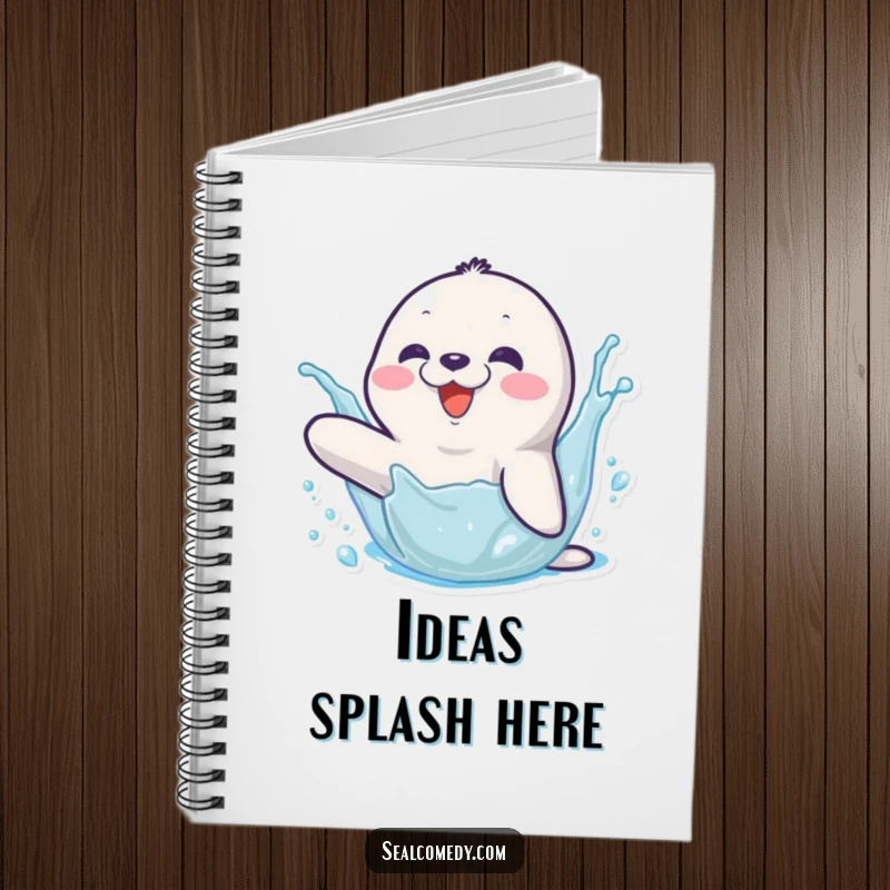 Funny notebook with a happy seal character splashing water with its flipper, perfect for jotting notes with energy.