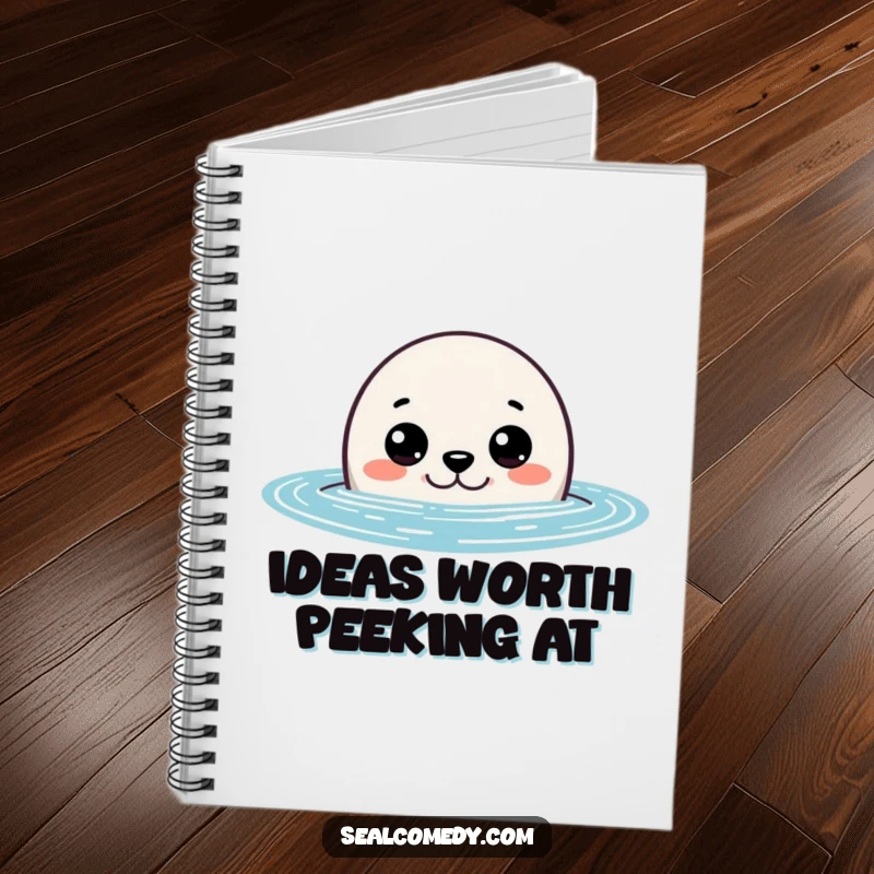 Funny seal notebook with a cover showing a curious seal peeking out of the water with wide eyes, perfect for notes and humor.
