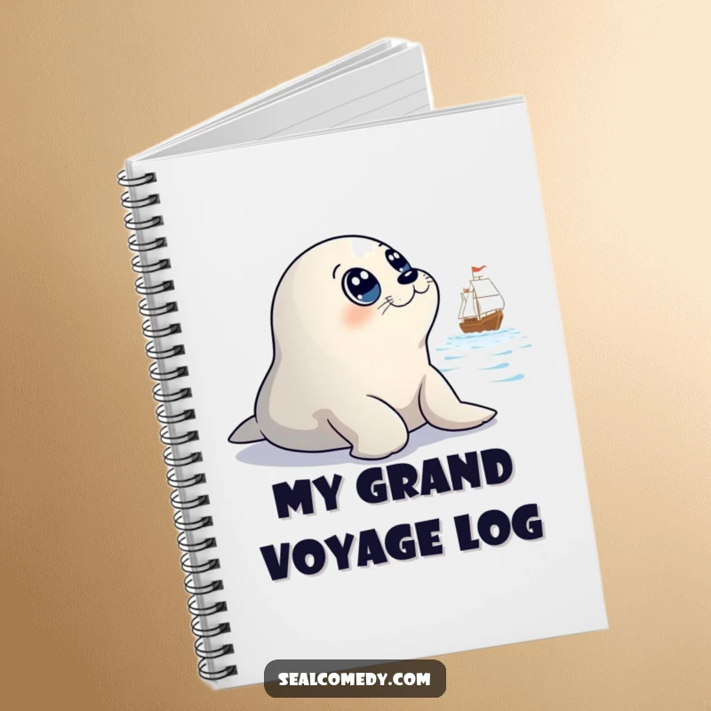 Funny notebook with a seal character holding innocent eyes, looking towards a faraway ship, ideal for journaling and doodling humor.
