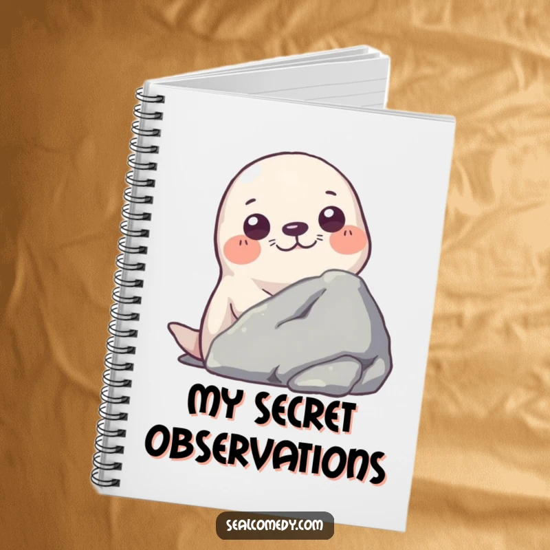 Funny notebook cover featuring a seal peeking curiously from behind a rock, ideal for jotting down hidden thoughts.