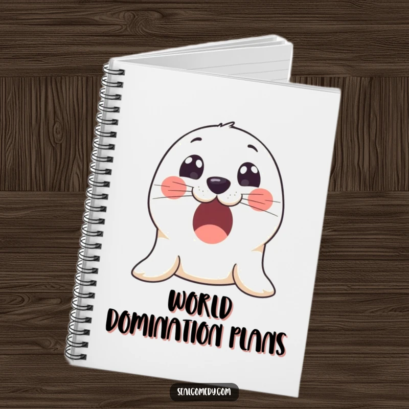 Funny notebook adorned with an excited seal with wide, innocent eyes, perfect for jotting down thoughts with wonder.