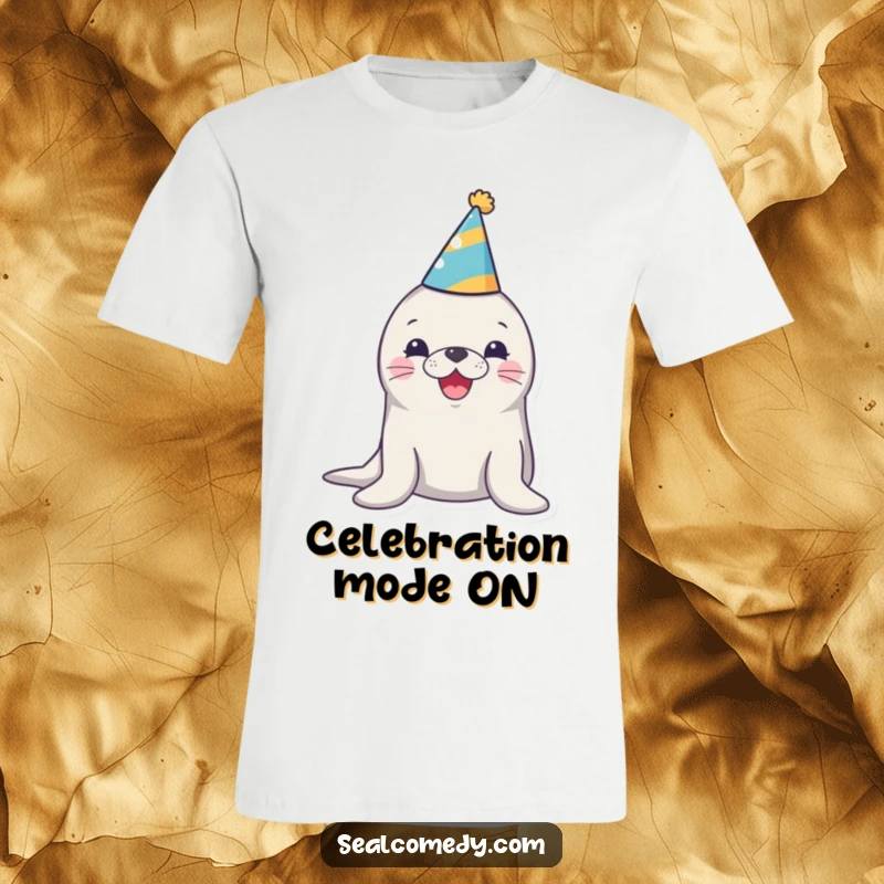 Funny t-shirt design of a seal adorned with a party hat, joyfully honking, embodying a spirit of celebration and fun.
