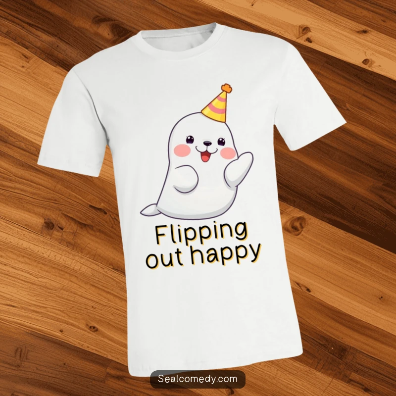 Funny seal sporting a small party hat, enthusiastically clapping its flippers in a joyful celebration.