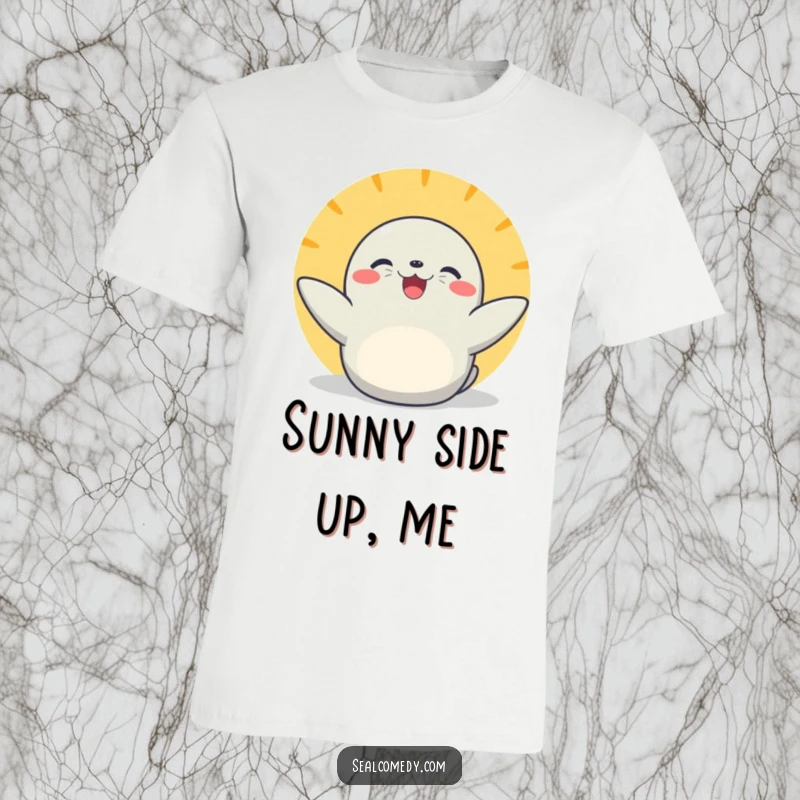 Funny basking seal t-shirt with flippers outstretched, celebrating joyful relaxation and sunny days with adorable animal charm.
