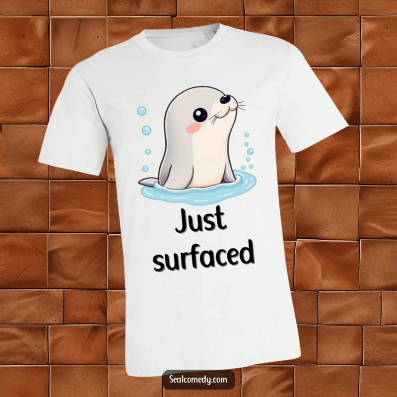 Funny T-shirt design of a sleek seal surfacing from effervescent, bubbly water, ready to bring a wave of fun.