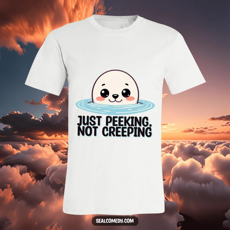 Funny seal t-shirt depicting a curious seal peeking out of the water with wide eyes, perfect for casual wear and humor.