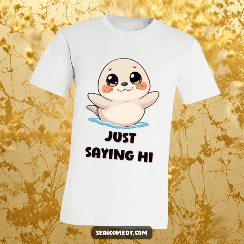 Funny t-shirt showing a seal with wide, curious eyes, offering a sweet and friendly wave with its flipper.