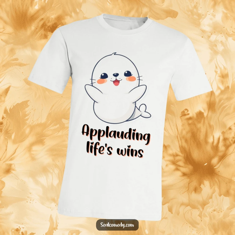 Funny cute seal t-shirt, depicting a happy seal clapping its flippers enthusiastically, a symbol of pure joy.