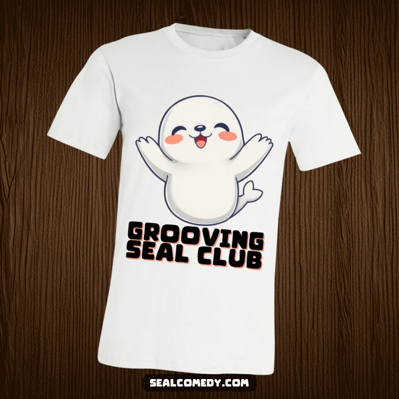 Funny T-Shirt with a happy seal dancing energetically with flippers high, expressing pure delight.
