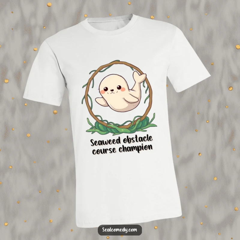 Funny Seal T-Shirt: A determined seal leaping through a seaweed hoop. Humorous and motivational, a perfect funny gift.
