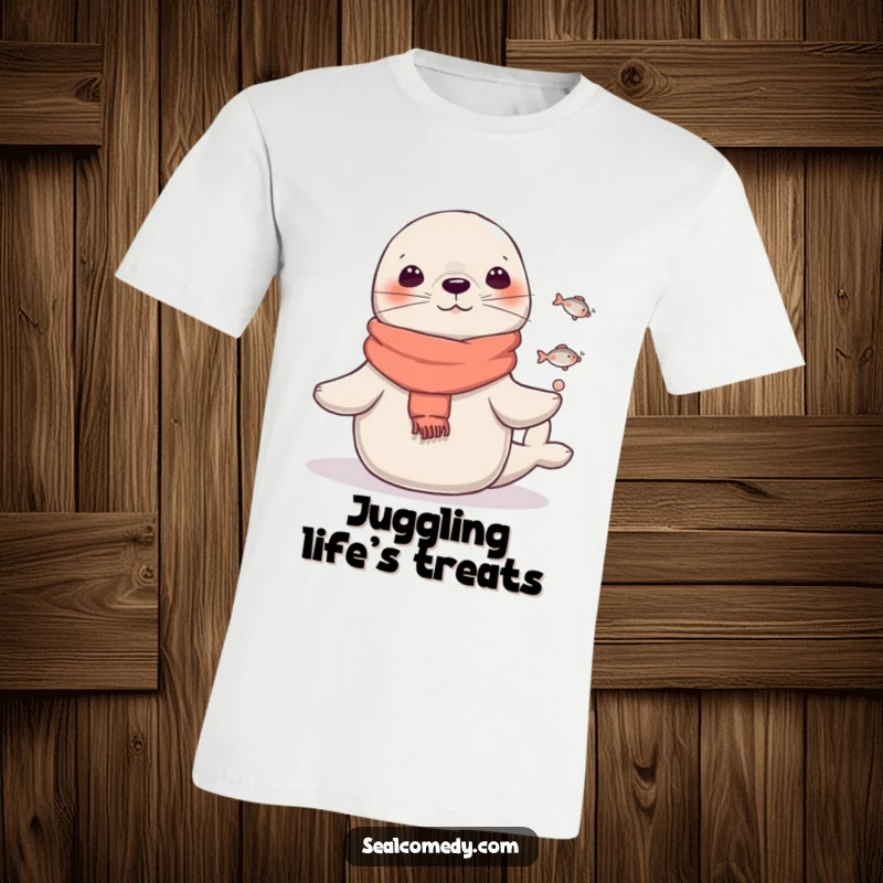 Funny Seal T-Shirt: A seal in a scarf juggles tiny fish, depicting a humorous and impressive circus performance. Great funny gift.