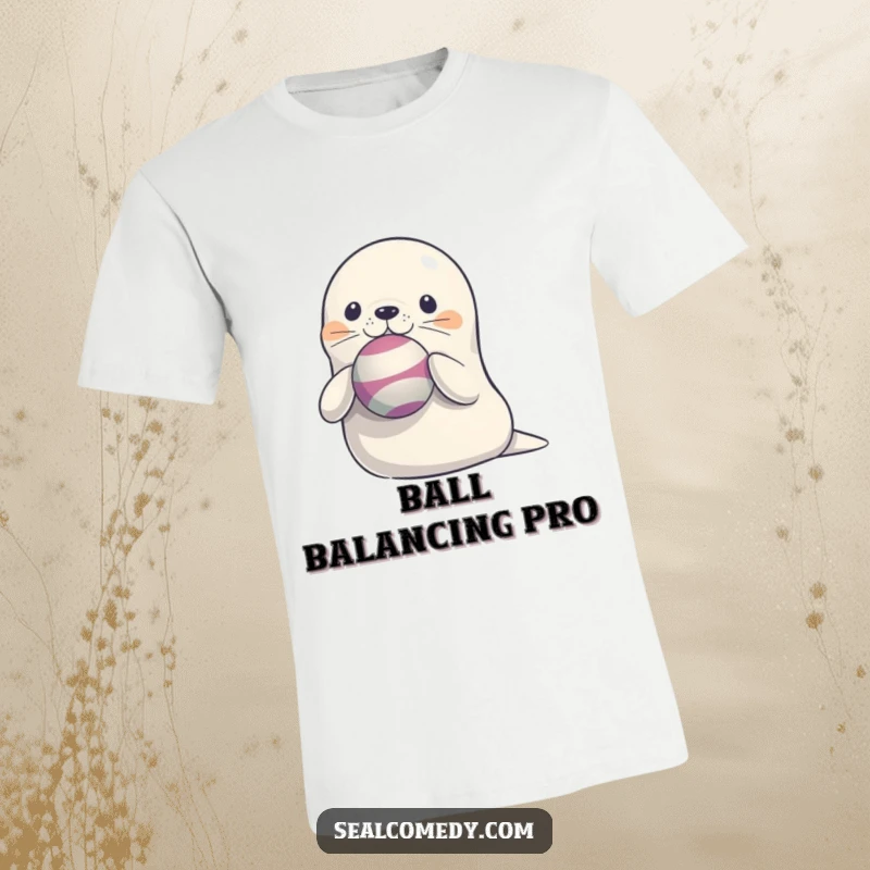 Funny Seal T-Shirt: A charming illustration of a cute seal with a joyful expression balancing a round ball on its nose.
