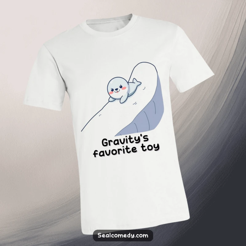 Funny t-shirt showing a happy seal comically sliding down a steep, wet slope, conveying excitement and playful abandon.