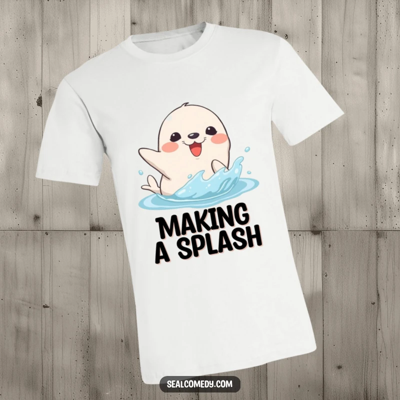 Funny t-shirt depicting a seal character gleefully splashing water with its flipper, conveying a sense of playful joy and exuberance.