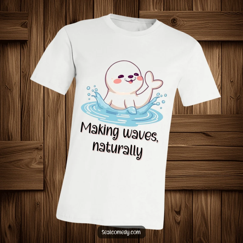 Funny seal t-shirt with a playful seal splashing water enthusiastically with its tail, capturing a moment of aquatic joy.