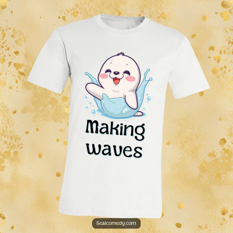 Funny t-shirt depicting a happy seal character exuberantly splashing water with its flipper, capturing a moment of pure bliss.