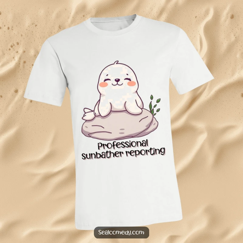 Funny Seal T-Shirt: A content seal with a happy expression sunbathes peacefully on a rock, showcasing humorous relaxation.