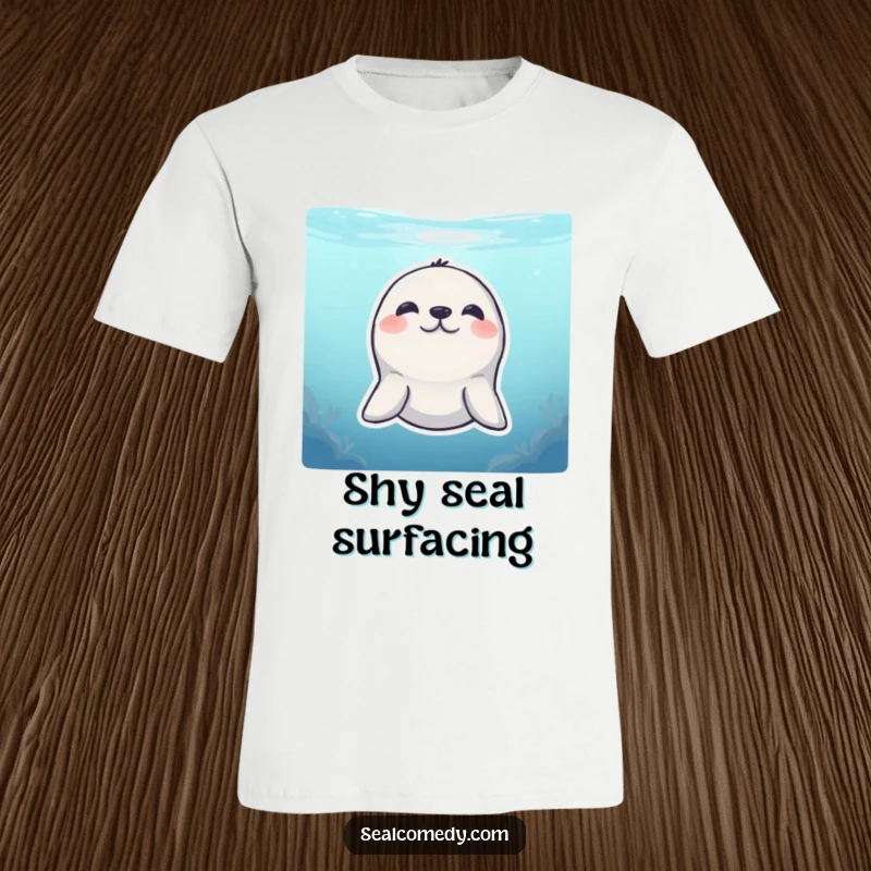 Funny T-Shirt: A seal with a shy smile peeks from the water's surface, full of cute, humorous mischief.