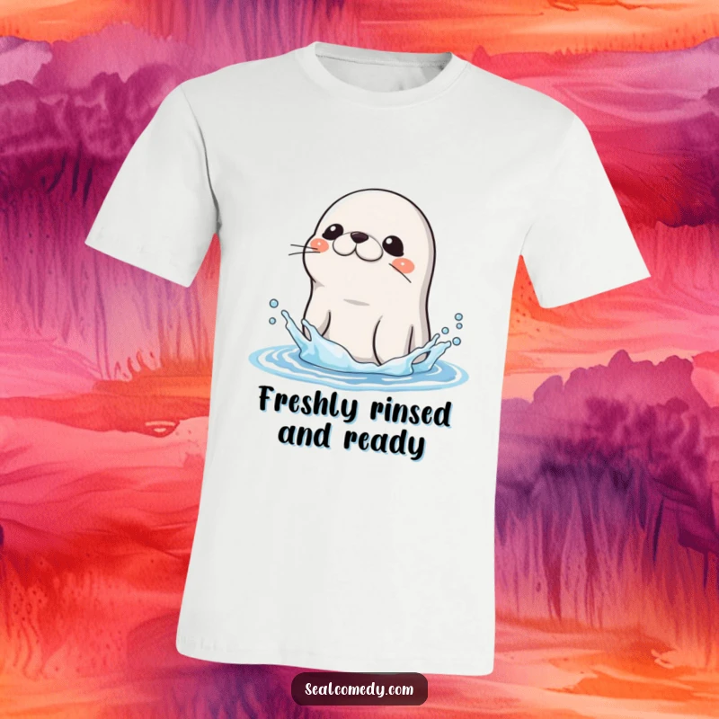 Funny Seal T-Shirt: A seal with slick fur shakes water from its head, depicting a humorous and refreshing moment. Great funny gift.