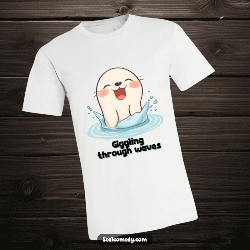 Funny seal t-shirt giggling as it pops its head out of the water with a splash, a joyful marine mammal.