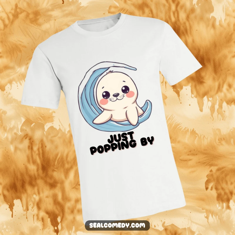 Funny seal t-shirt depicting a curious marine mammal peeking its head out from a wave, looking inquisitive and playful.