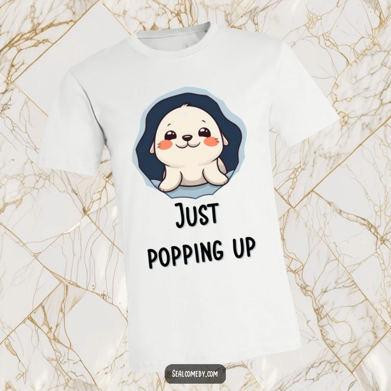 Funny t-shirt showcasing a curious seal character peeking its head out from a hole in the ice, radiating playful mystery.