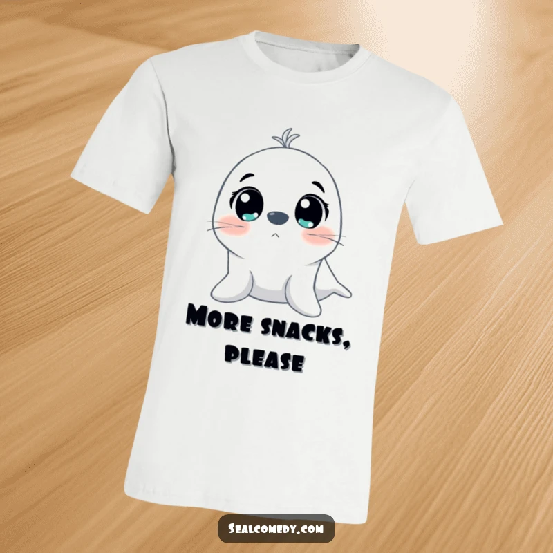 Funny T-shirt design of a seal with huge, expressive eyes looking upwards with sheer excitement and adorable enthusiasm.