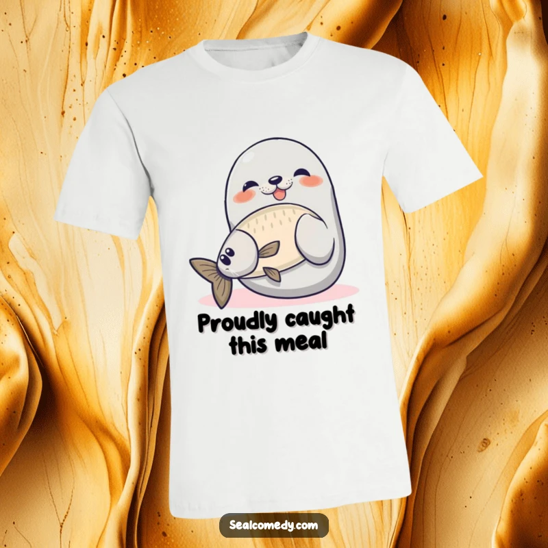 Funny seal t-shirt depicting a proud seal catching a fish, perfect for casual wear and celebrating success.