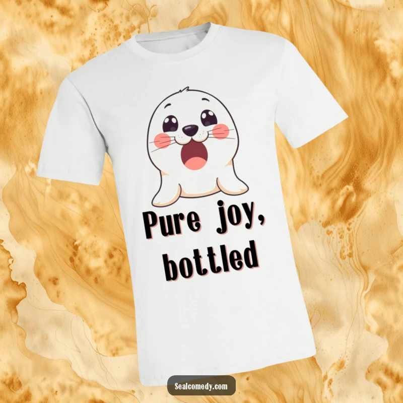 Funny t-shirt featuring an excited seal with incredibly wide, innocent eyes, full of curiosity and joy.