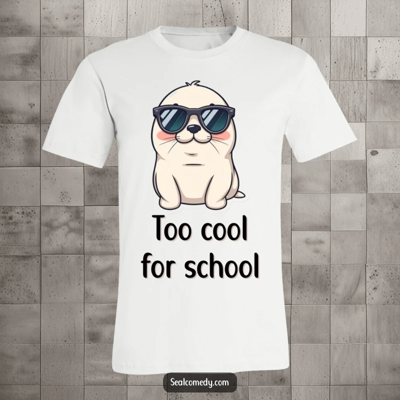 Funny seal t-shirt wearing tiny sunglasses, looking cool and relaxed, a chill marine mammal with awesome shades.