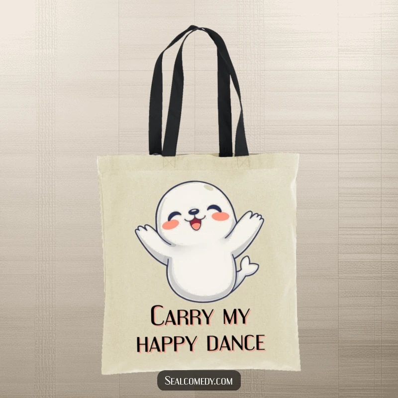Funny Tote Bag with a seal energetically dancing, flippers up, symbolizing joy and movement.