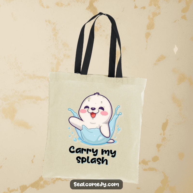 Funny tote bag with a happy seal character splashing water with its flipper, perfect for carrying essentials with a splash of humor.