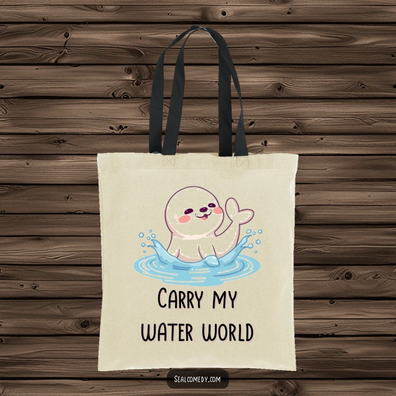 Funny seal tote bag featuring a playful seal splashing water with its tail, ready to carry your belongings with aquatic cheer.