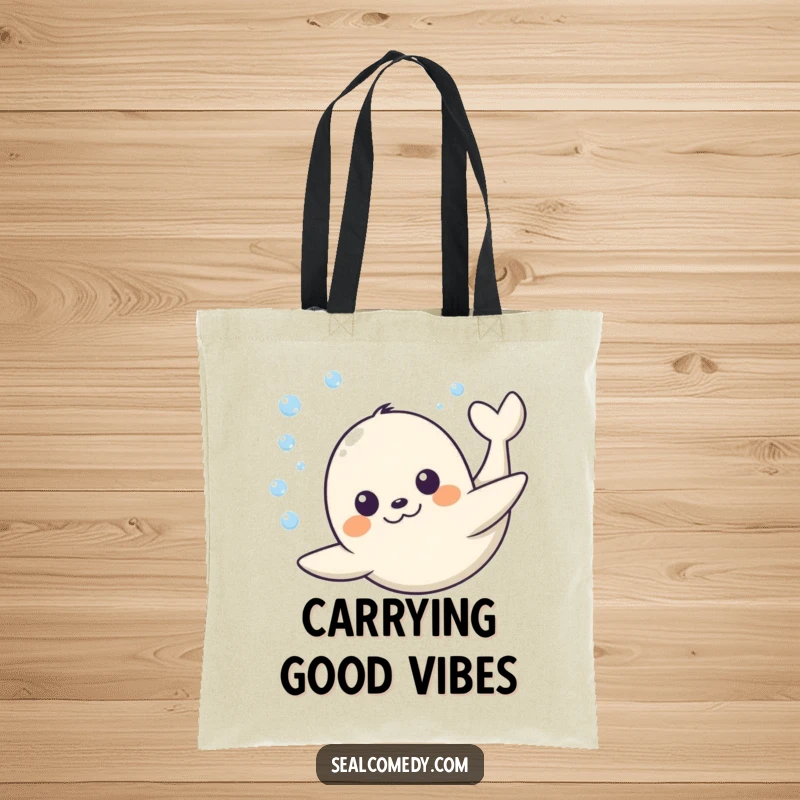 Funny Seal Tote Bag: A seal with a happy face dives underwater, bringing a humorous and joyful vibe to this practical accessory. Funny gift.