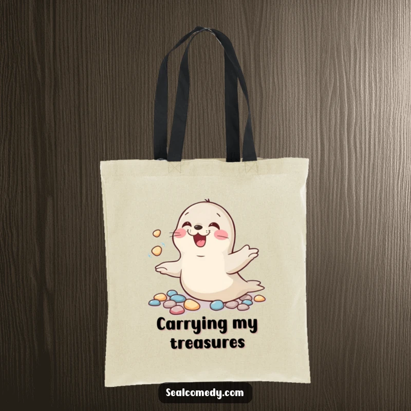 Funny tote bag depicting a seal joyfully juggling shiny pebbles while caught in a fit of giggles.