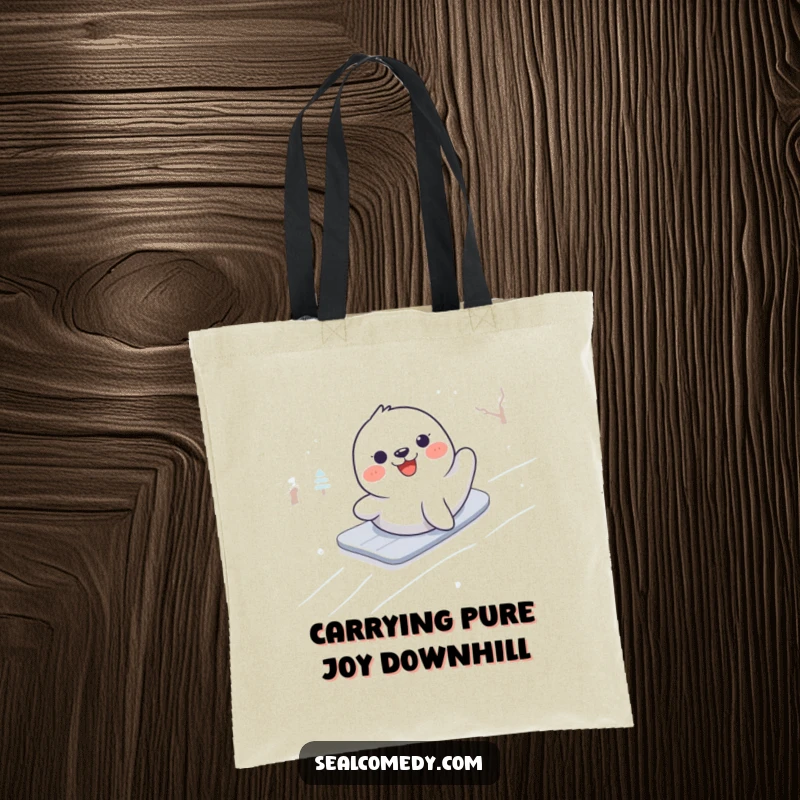 Funny tote bag illustration of a seal joyfully sliding down a powdery snow-covered hill, full of wintery delight.