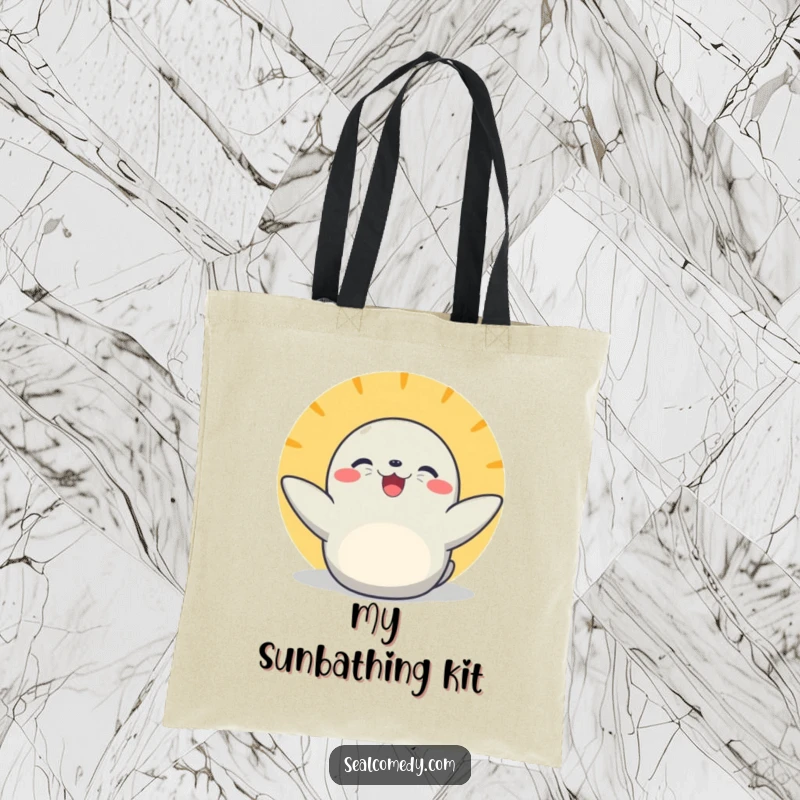 Funny basking seal tote bag with flippers extended, perfect for carrying essentials with joyful sunny vibes and adorable animal charm.