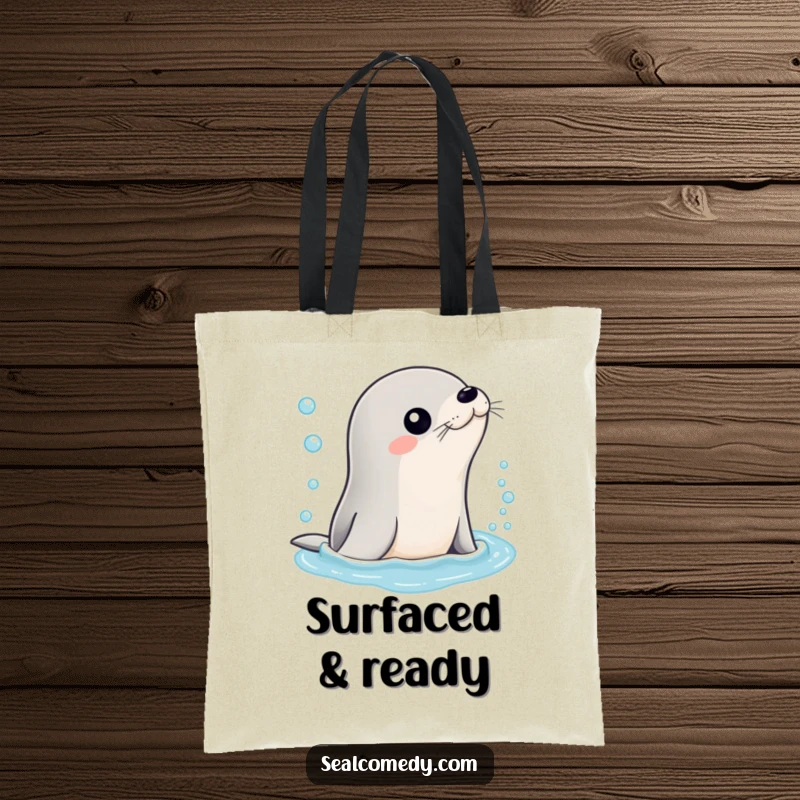 Funny tote bag depicting a sleek seal emerging from bubbly water, perfect for carrying your day's essentials with a splash of fun.