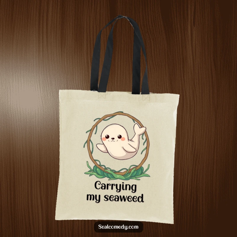 Funny Seal Tote Bag: A determined seal leaping through a seaweed hoop. Practical and humorous, a great funny gift.