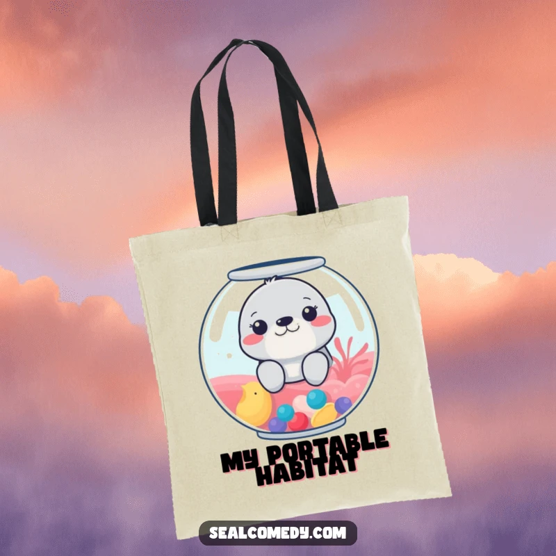Funny tote bag depicting a seal curiously peeking from a colorful fishbowl, perfect for carrying items with flair.