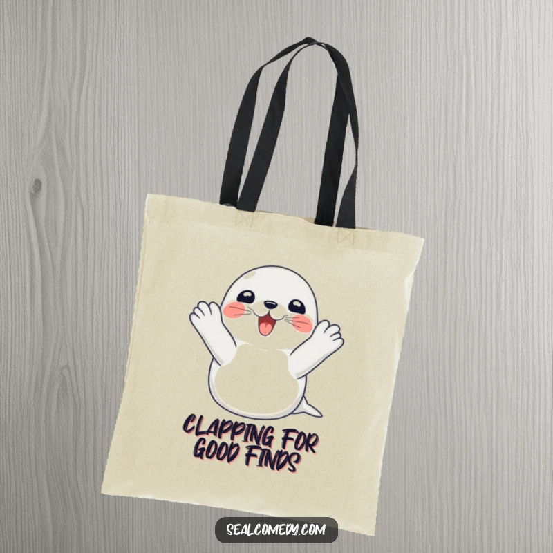 Funny seal tote bag showing a happy seal clapping its flippers in excitement, perfect for carrying essentials with humor.