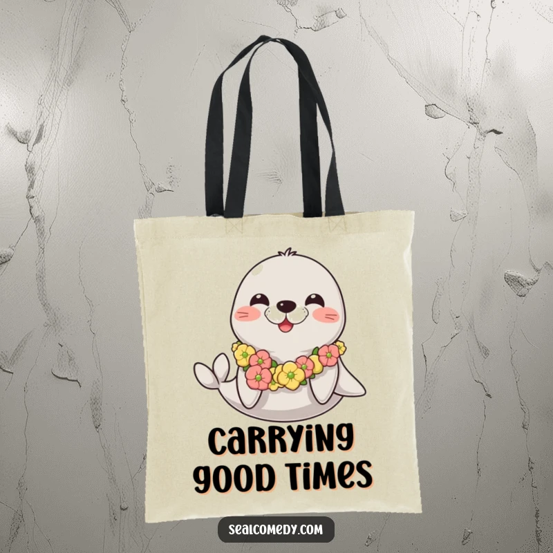 Funny happy seal tote bag adorned with a seaweed lei, symbolizing happiness and a love for the ocean.