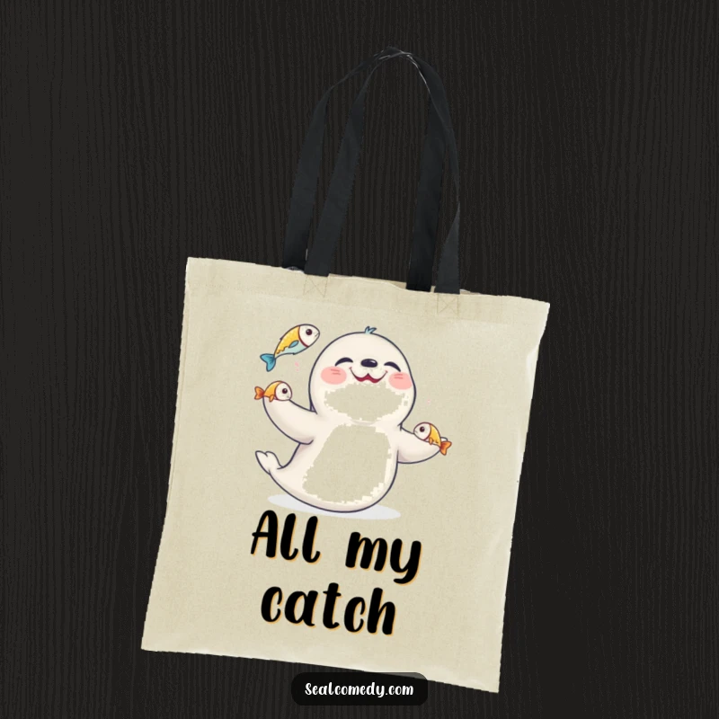 Funny seal juggling three shiny fish, illustrated on a durable tote bag, perfect for carrying essentials humorously.