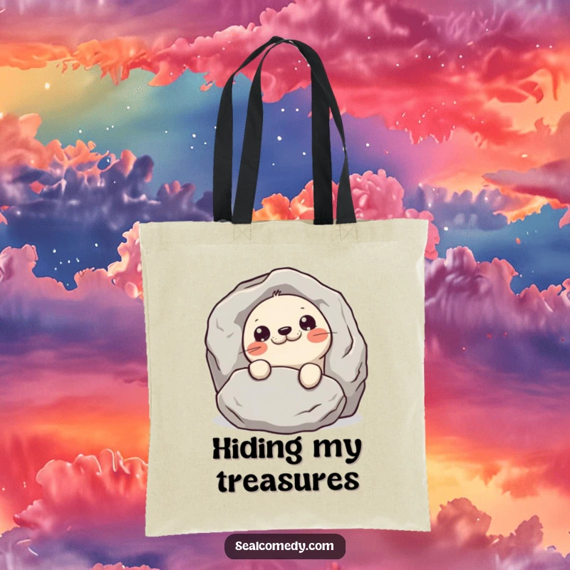 Funny mischievous seal tote bag, showing a seal peeking slyly from behind a rock, ideal for carrying secrets and essentials.