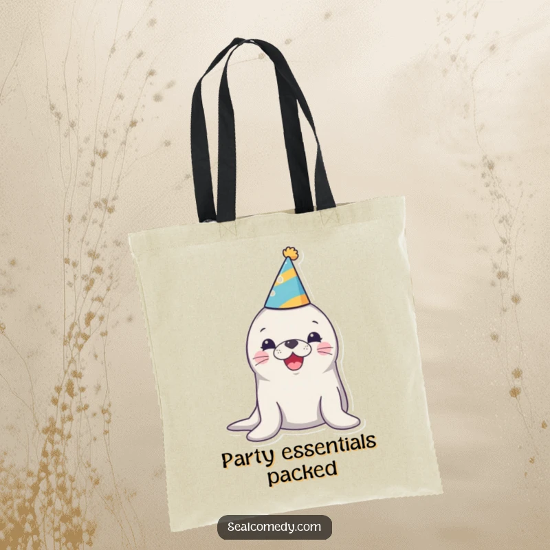 Funny tote bag with a seal wearing a party hat and honking loudly, symbolizing joyful celebrations and cheerful moments.