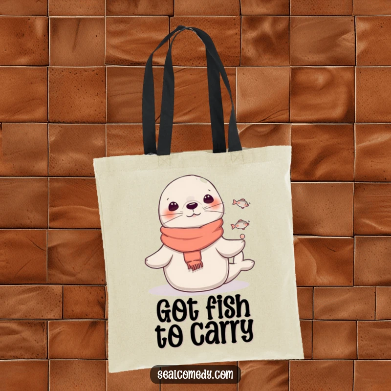 Funny Seal Tote Bag: A seal in a scarf juggles tiny fish, creating a humorous and eye-catching design for this practical bag. Funny gift.
