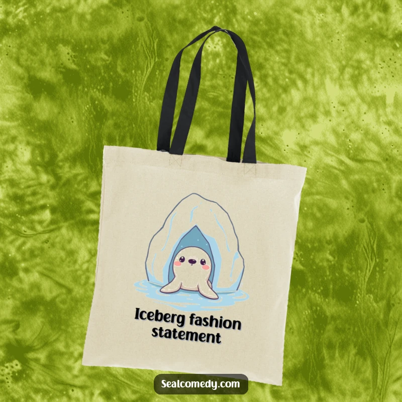 Funny Seal Tote Bag: A curious seal peeking from beneath a floating iceberg, perfect for carrying essentials.