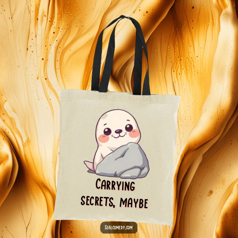 Funny tote bag illustration of a seal peeking curiously from behind a rock, perfect for carrying secrets.
