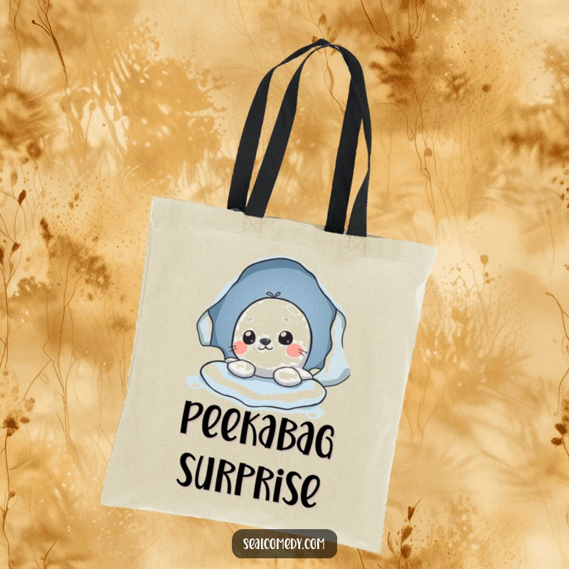 Funny tote bag showing a seal character curiously peeking from an ice hole, perfect for carrying essentials with a hint of mystery.